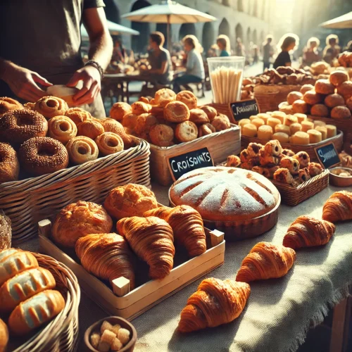 DALL·E 2025-04-16 10.09.31 - A high-quality close-up image of assorted Spanish pastries at an outdoor market stall. The table is filled with baskets of croissants, napolitanas, an